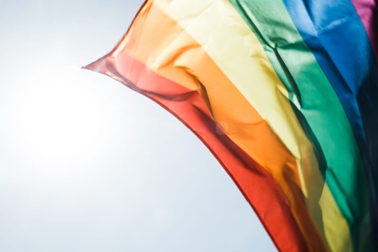 Duhová vlajka vlající proti světlému nebi – gay seznamky pro muže